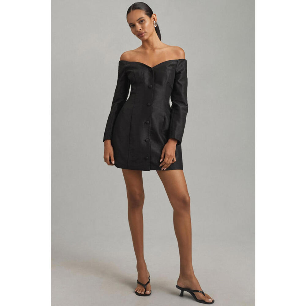 Anthropologie x Hutch - Black Off-Shoulder Button-Front Mini Dress, Size XS